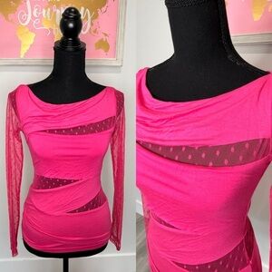 Polkadot Mesh Hot Pink Long Sleeve Women's Top (S)